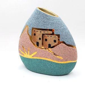 Southwestern Sand Pottery Art Vase Pueblo 14 Karat Gold Accents Village Scenery